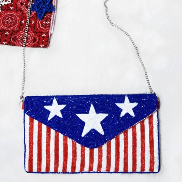 KAYLEE American Flag Pattern Beaded Envelope Clutch Crossbody Bag NWT - Picture 1 of 5